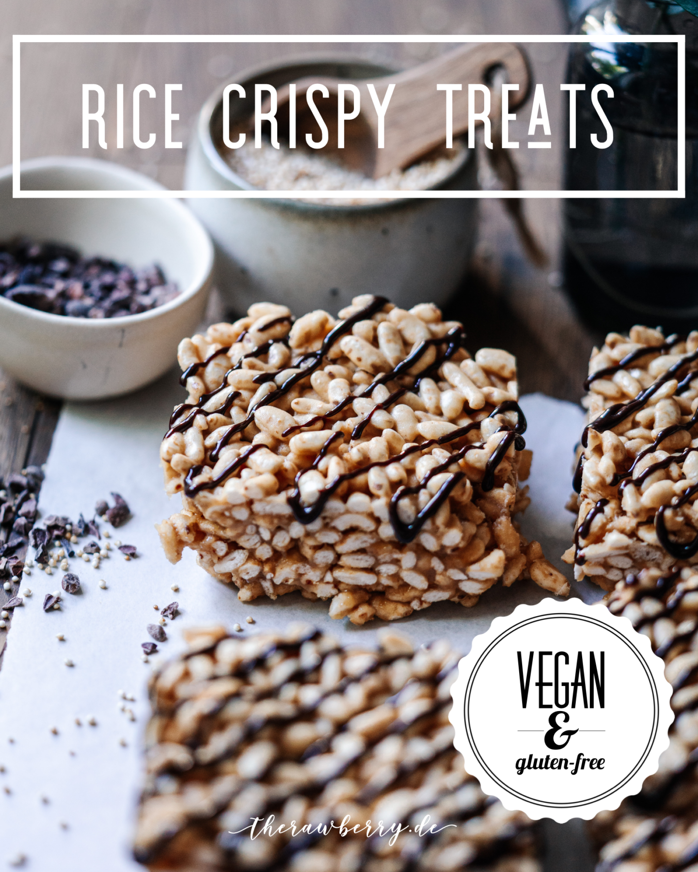 rice crispy treats, Reispops, Reiswaffeln, schokoreiswaffeln, vegan, rice, reis, lecker, delicious, easy, einfach, simple, simpel, treat, süßigkeit, dessert, snack, nachtisch, chocolate, schokolade, glutenfree, gluten-free, glutenfrei, pops, puffed, popped, food, essen, backen, baking, no bake, ohne backen, bars, riegel, marie dorfschmidt, therawberry, plant based, whole foods, diet, diät