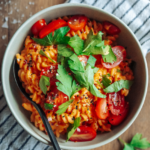 Nudeln in Schüssel mit roter Soße aus Paprika mit Tomaten und Koriander